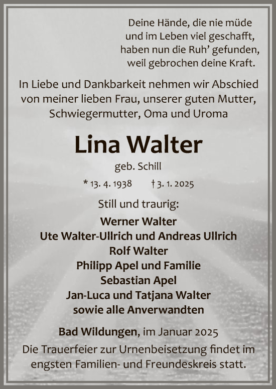 Traueranzeige von Lina Walter von WLZ