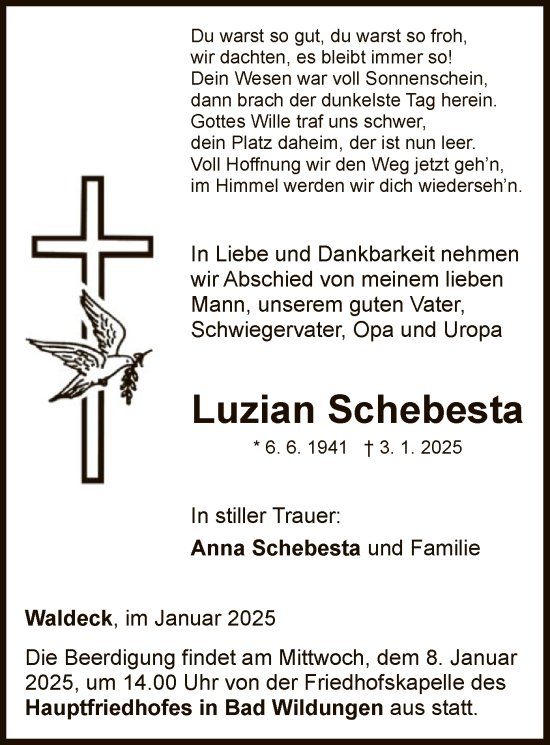 Traueranzeige von Luzian Schebesta von WLZ