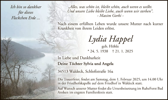 Traueranzeige von Lydia Happel von WLZ