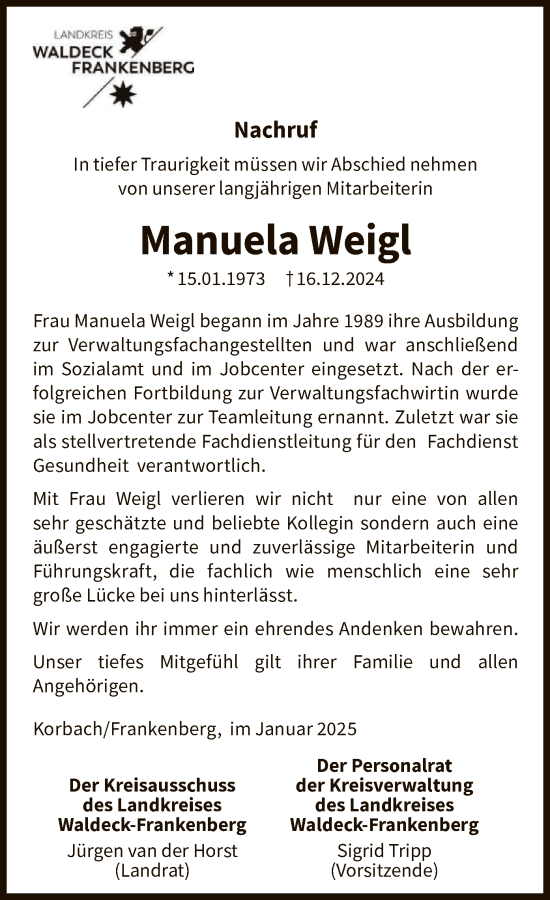 Traueranzeige von Manuela Weigl von WLZHNA