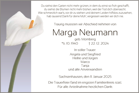 Traueranzeige von Marga Neumann von WLZ