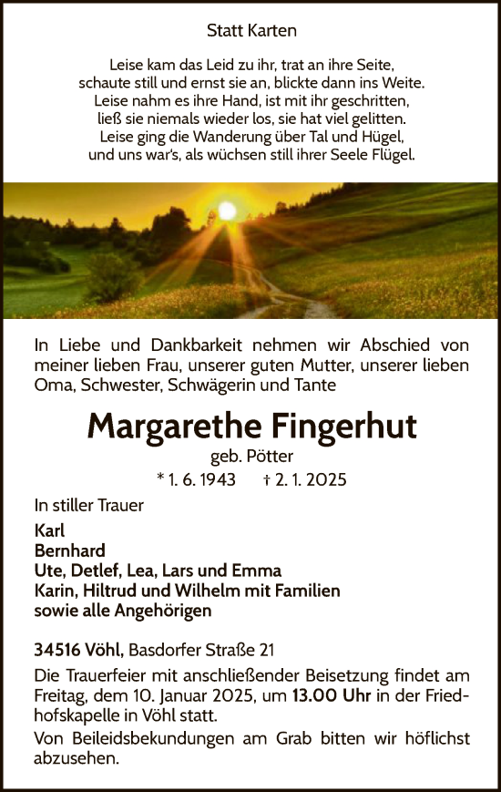 Traueranzeige von Margarethe Fingerhut von WLZ