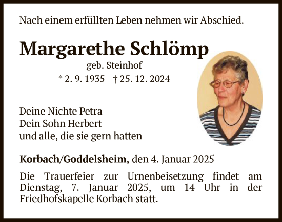 Traueranzeige von Margarethe Schlömp von WLZ