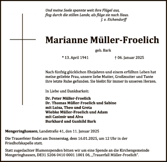 Traueranzeige von Marianne Müller-Froelich von WLZ