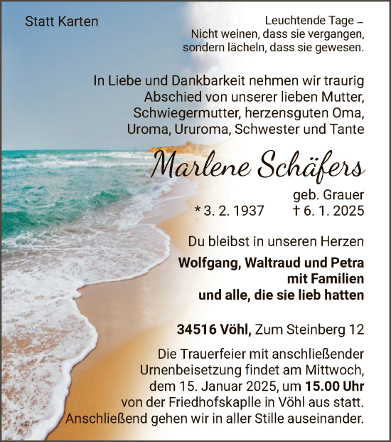 Traueranzeige von Marlene Schäfers von WLZ