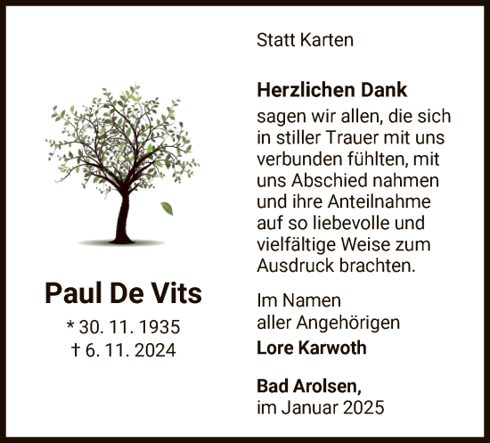 Traueranzeige von Paul De Vits von WLZ