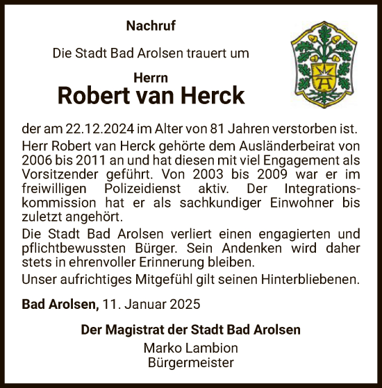 Traueranzeige von Robert Van Herck von WLZ