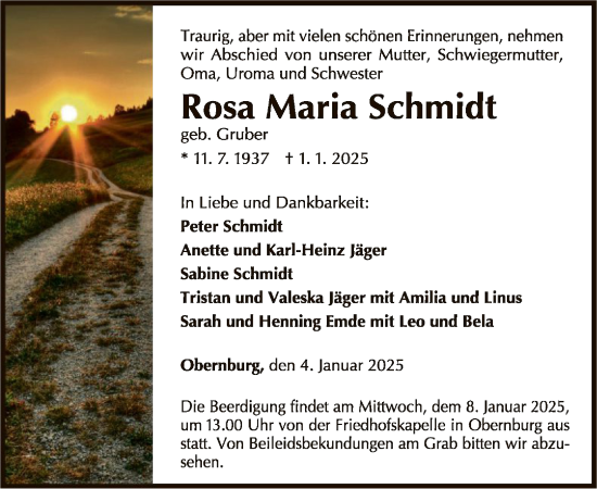 Traueranzeige von Rosa Maria Schmidt von WLZ