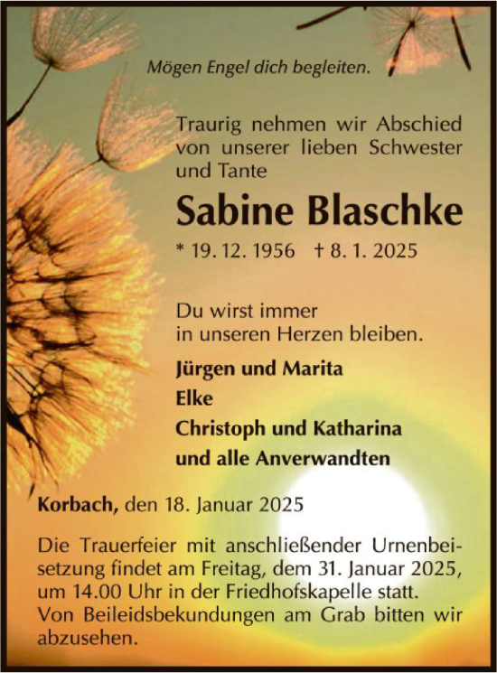 Traueranzeige von Sabine Blaschke von WLZ