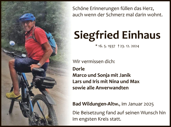 Traueranzeige von Siegfried Einhaus von WLZ
