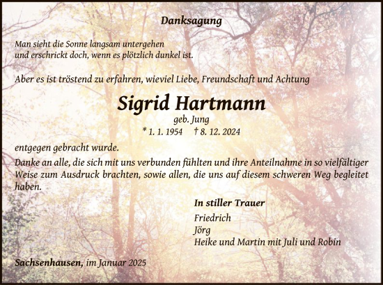 Traueranzeige von Sigrid Hartmann von WLZ