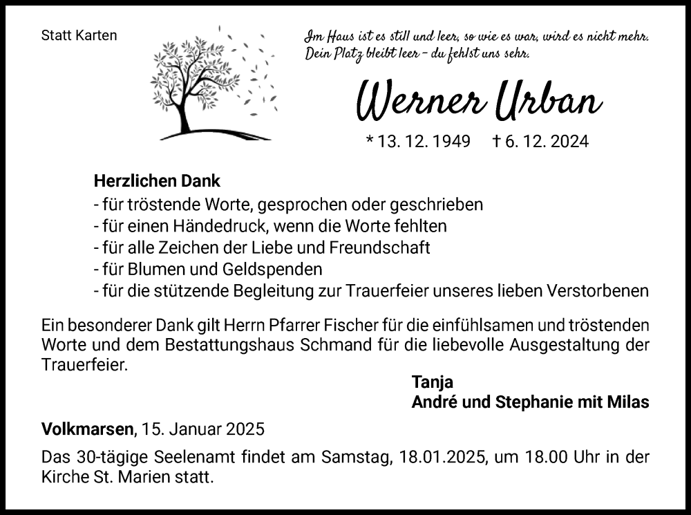  Traueranzeige für Werner Urban vom 15.01.2025 aus WLZ