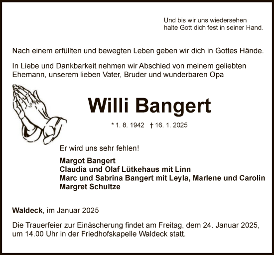 Traueranzeige von Willi Bangert von WLZ