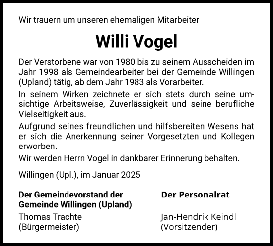 Traueranzeige von Willi Vogel von WLZ