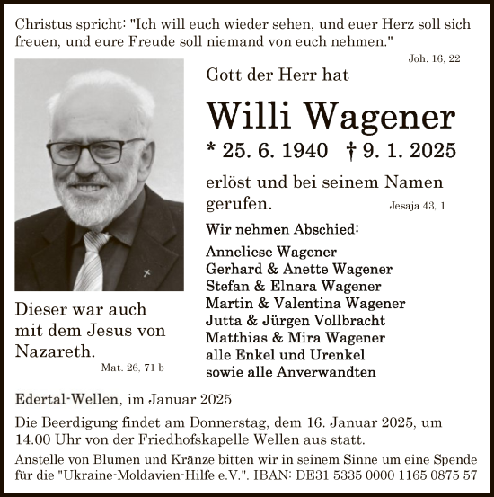 Traueranzeige von Willi Wagener von WLZHNA