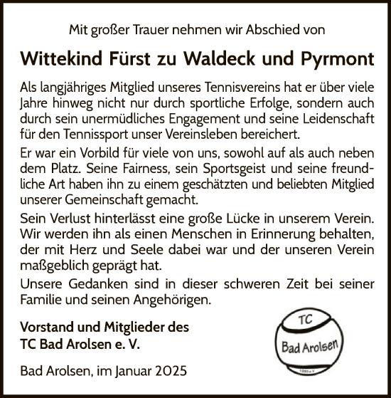 Traueranzeige von Wittekind Fürst zu Waldeck und Pyrmont von WLZ