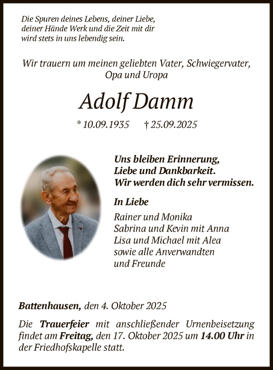 Traueranzeige von Adolf Damm von HNAWLZ