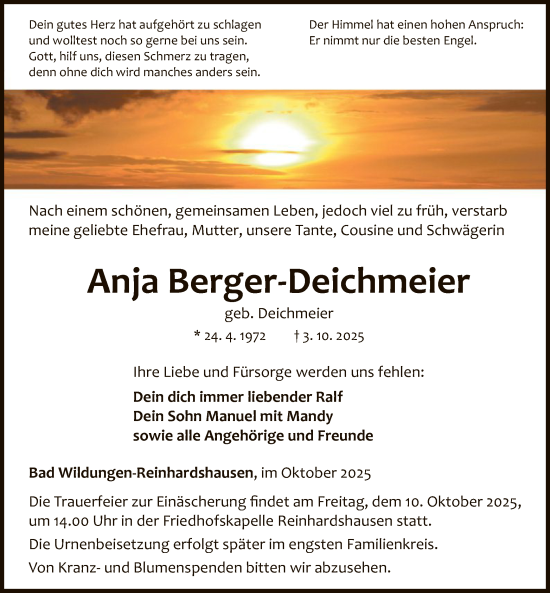 Traueranzeige von Anja Berger-Deichmeier von WLZ