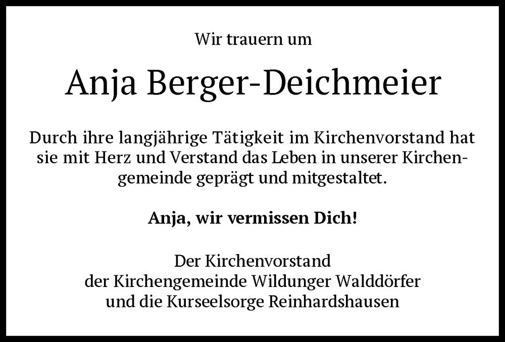  Traueranzeige für Anja Berger-Deichmeier vom 07.10.2025 aus WLZ