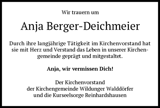 Traueranzeige von Anja Berger-Deichmeier von WLZ