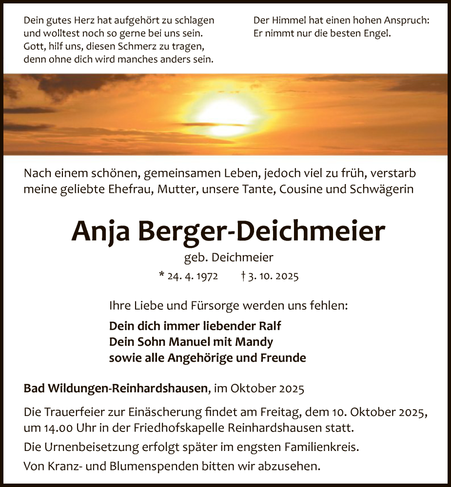  Traueranzeige für Anja Berger-Deichmeier vom 07.10.2025 aus WLZ