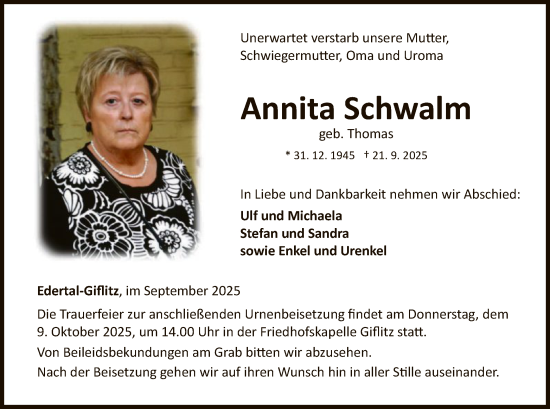 Traueranzeige von Annita Schwalm von WLZ