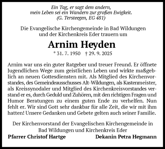 Traueranzeige von Arnim Heyden von WLZ