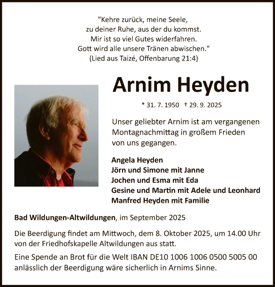 Traueranzeige von Arnim Heyden von WLZ