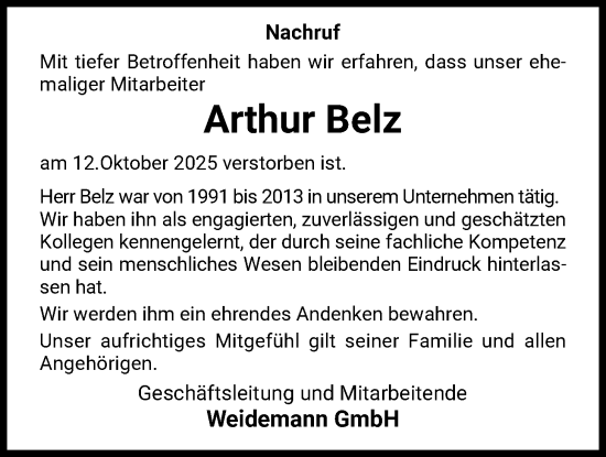Traueranzeige von Arthur Belz von WLZ