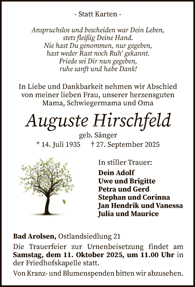  Traueranzeige für Auguste Hirschfeld vom 04.10.2025 aus WLZ
