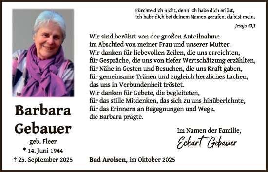 Traueranzeige von Barbara Gebauer von WLZ