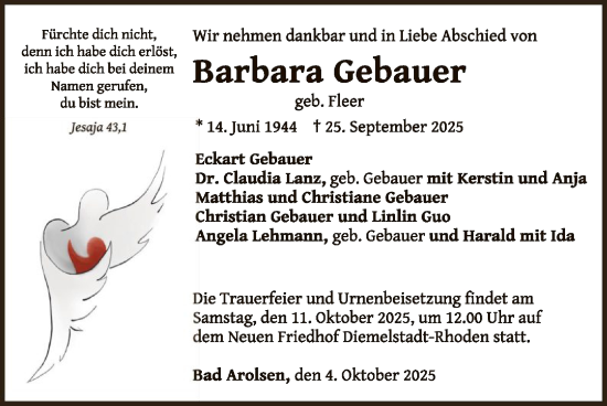 Traueranzeige von Barbara Gebauer von WLZHNA