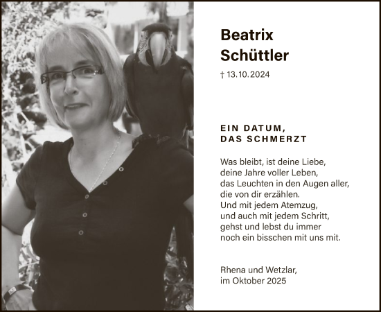 Traueranzeige von Beatrix Schüttler von WLZ