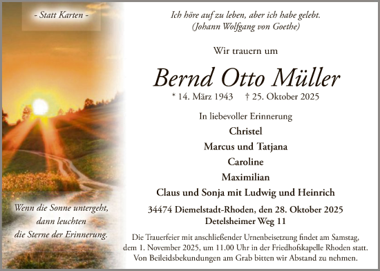 Traueranzeige von Bernd Otto Müller von WLZ