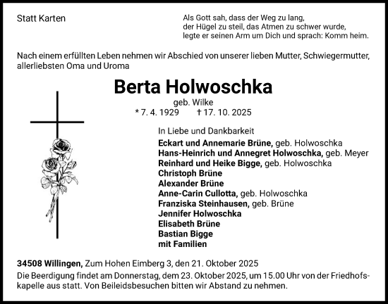 Traueranzeige von Berta Holwoschka von WLZ