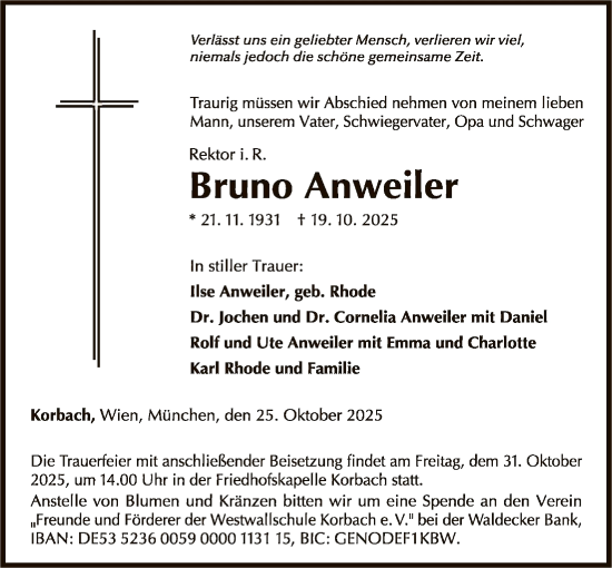Traueranzeige von Bruno Anweiler von WLZ