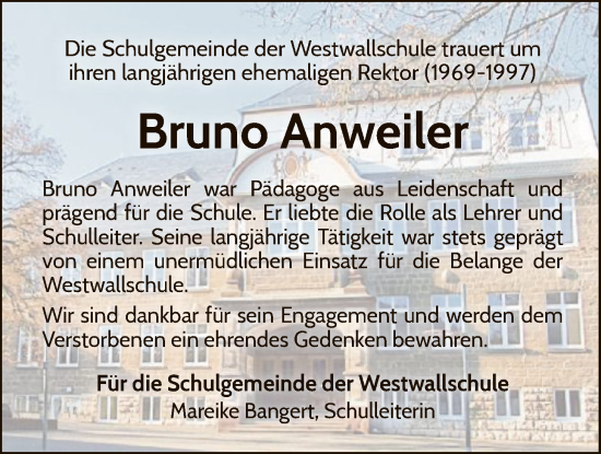 Traueranzeige von Bruno Anweiler von WLZ