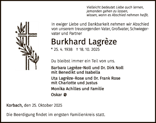 Traueranzeige von Burkhard Lagreze von WLZ