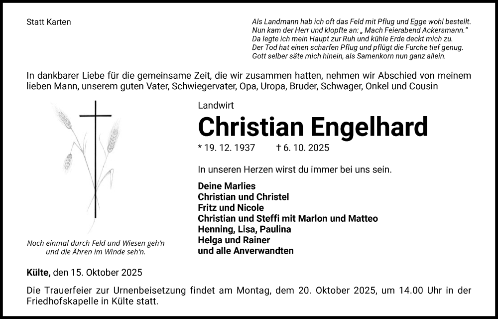  Traueranzeige für Christian Engelhard vom 15.10.2025 aus WLZ