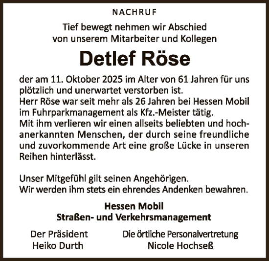 Traueranzeige von Detlef Röse von WLZ