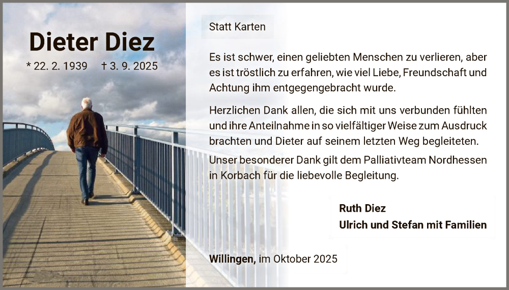  Traueranzeige für Dieter Diez vom 25.10.2025 aus WLZ