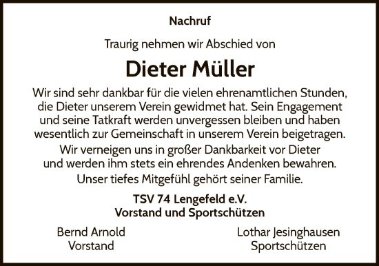 Traueranzeige von Dieter Müller von WLZ