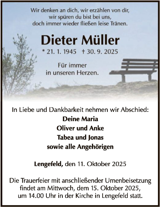 Traueranzeige von Dieter Müller von WLZ