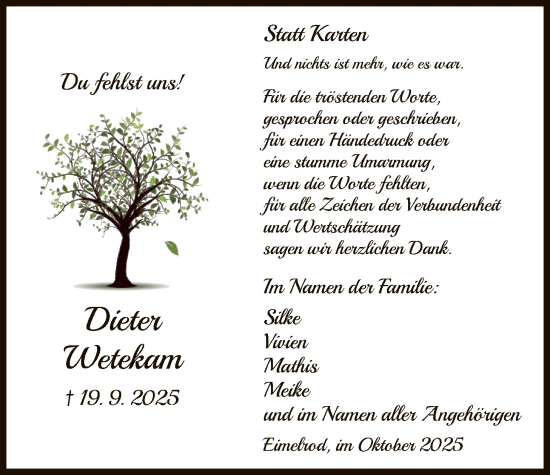 Traueranzeige von Dieter Wetekam von WLZ