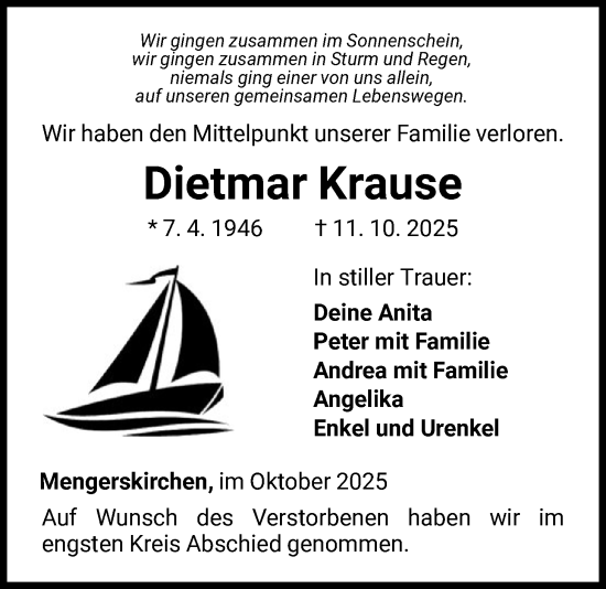 Traueranzeige von Dietmar Krause von WLZ