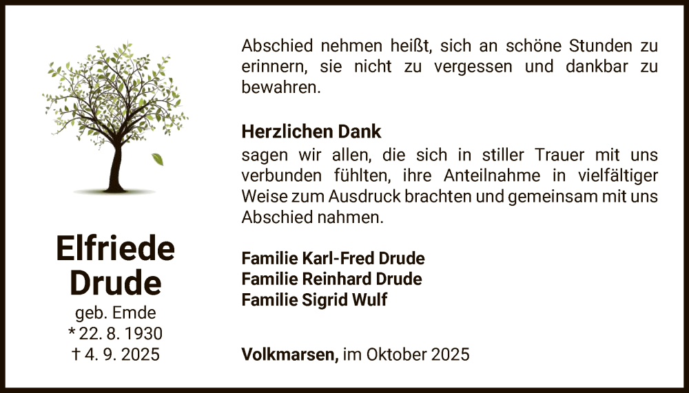  Traueranzeige für Elfriede Drude vom 18.10.2025 aus WLZ