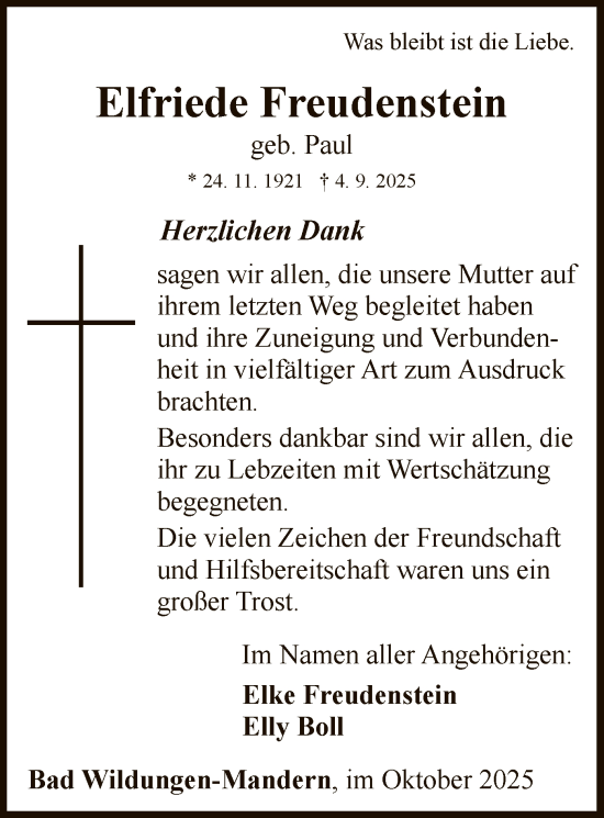 Traueranzeige von Elfriede Freudenstein von WLZ