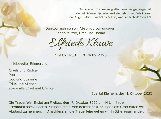 Traueranzeige von Elfriede Kluwe von WLZ