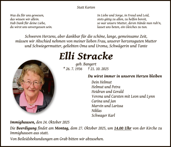Traueranzeige von Elli Stracke von WLZHNA
