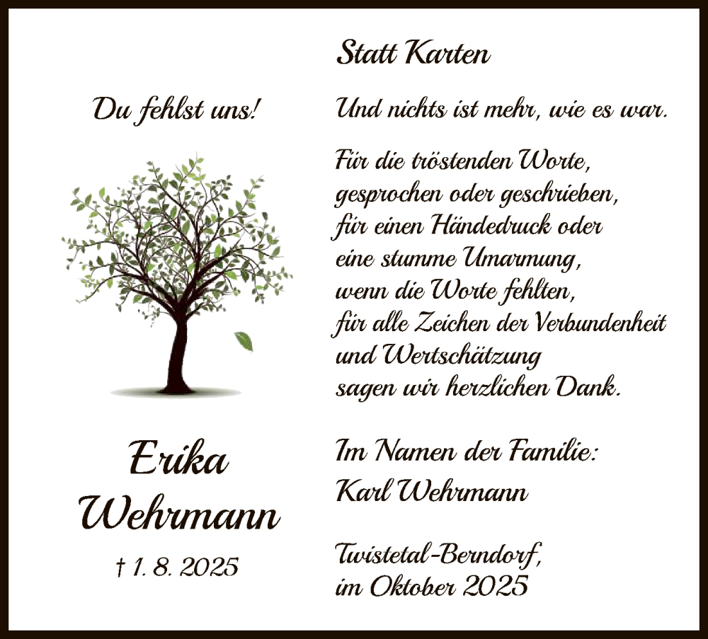  Traueranzeige für Erika Wehrmann vom 04.10.2025 aus WLZ
